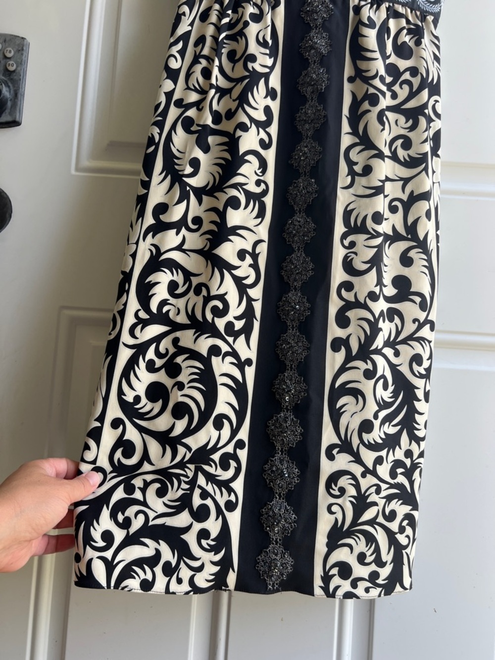 Nicole Miller Black and Cream Silk Midi Dress with Embroidered Band - Picture 7 of 9